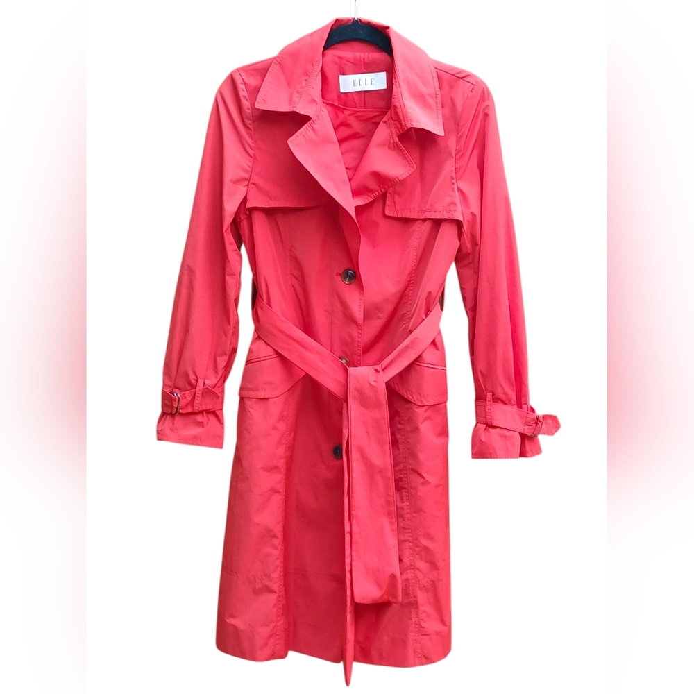 Elle Women's Vibrant Scarlet Red Classic Long Rain Trench Coat-Size Medium EUC